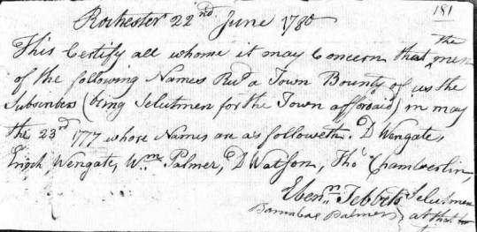 Rochester Bounty Certificate - June 1780